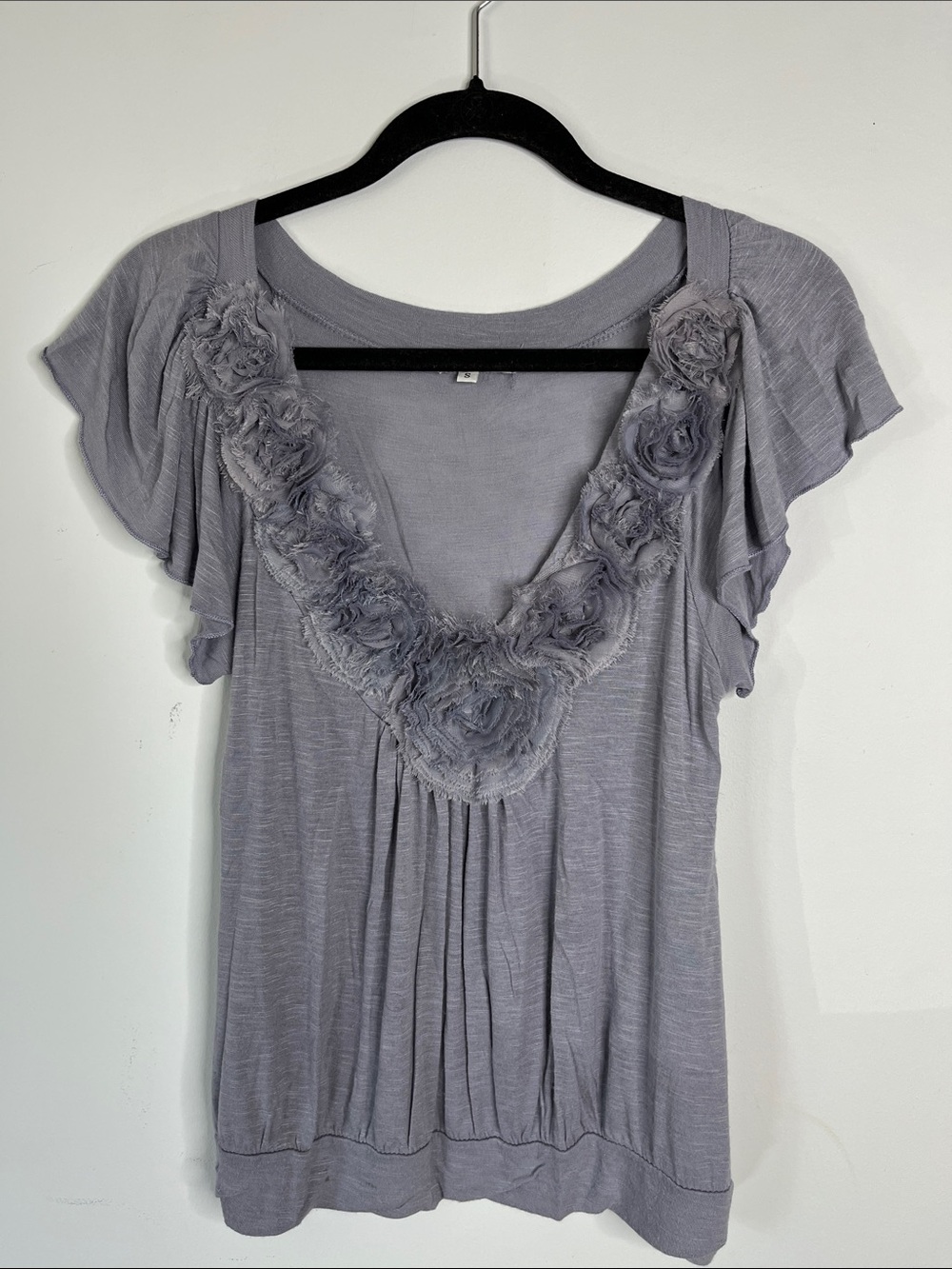 Y2K Babydoll Fairy Floral Trim Flutter Sleeve Whimsy Coquette Top Womens S